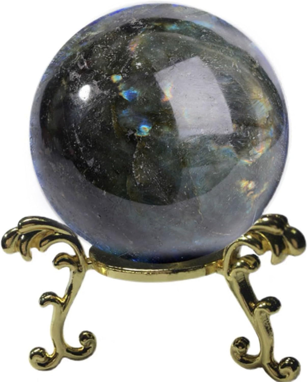 Natural Labradorite Sphere Reiki Healing Rock Quartz Crystal Ball Decoration Ornament Specimen + Stand Gift for Friends Family,Diameter8cm/3.1"