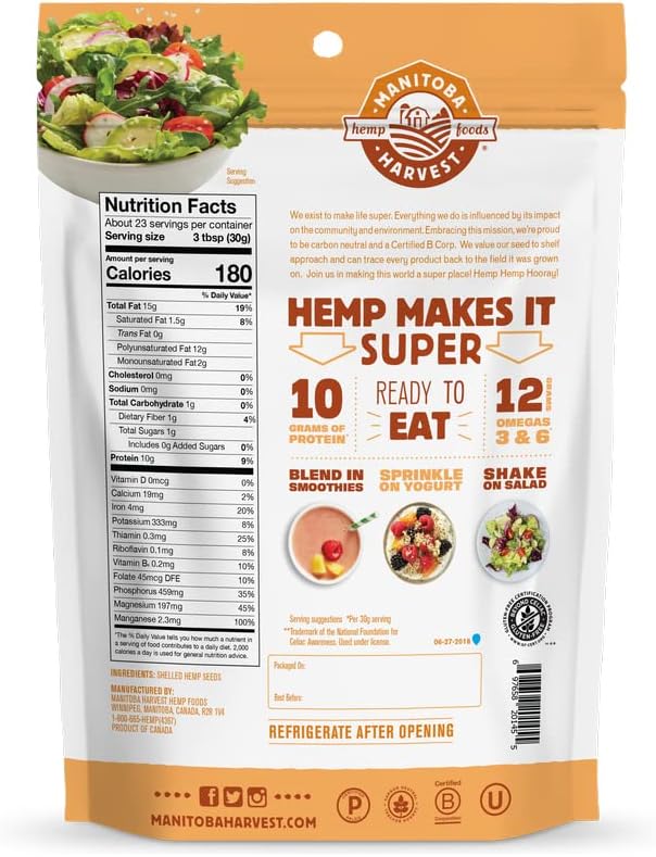 Manitoba Harvest Hemp Hearts, Shelled Hemp Seeds - 24oz - 10g Plant Protein & 12g Omega 3 & 6 per 30g serving - Easy to Digest with 9 Amino Acids - Gluten Free, Non-GMO Project Verified