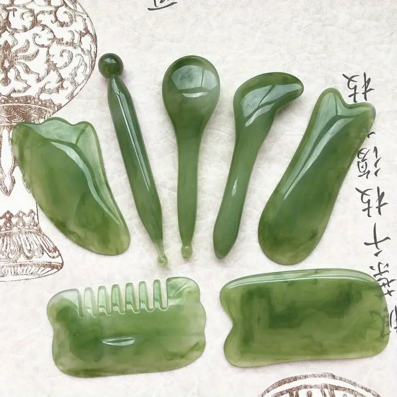 7pcs Gua Sha Massage Tool Set, Resin Guasha Tool for Face, Back & Neck, Relax Muscles & Release Stress - Mother's Day Gift, Green