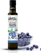 Aleta Farms Balsamic Vinegar, Greek Organic Blueberry Infused Aged Balsamic Vinegar, USDA Organic, Perfect for Salad Dressings, Pasta, Desserts & Cocktails, Glass Bottle, 8.45 fl oz (Blueberry)