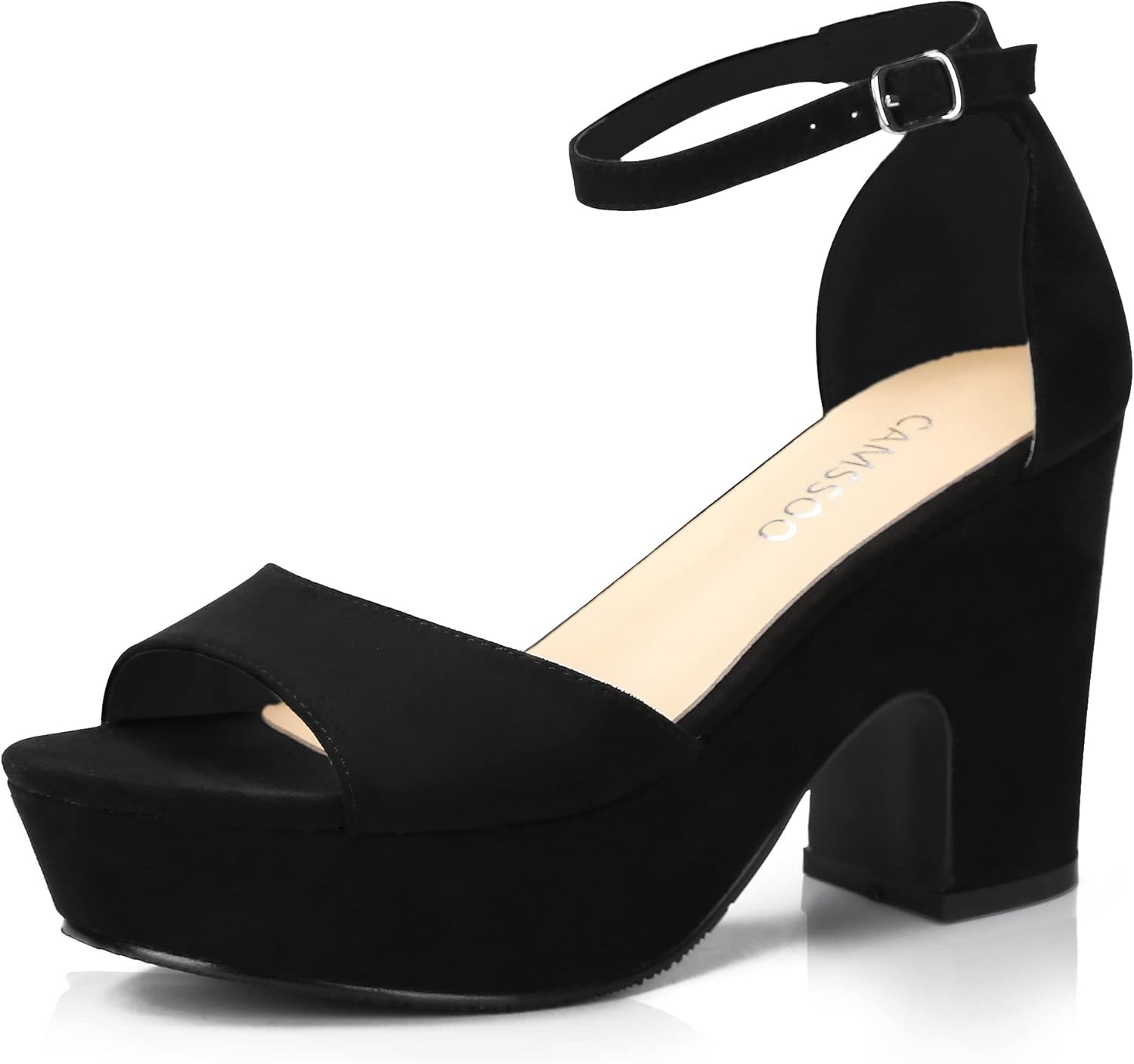 CAMSSOO Platform Heels for Women Chunky Heel Open Toe Ankle Strap Suede Wedges Sandals Wedding Office Dress Shoes