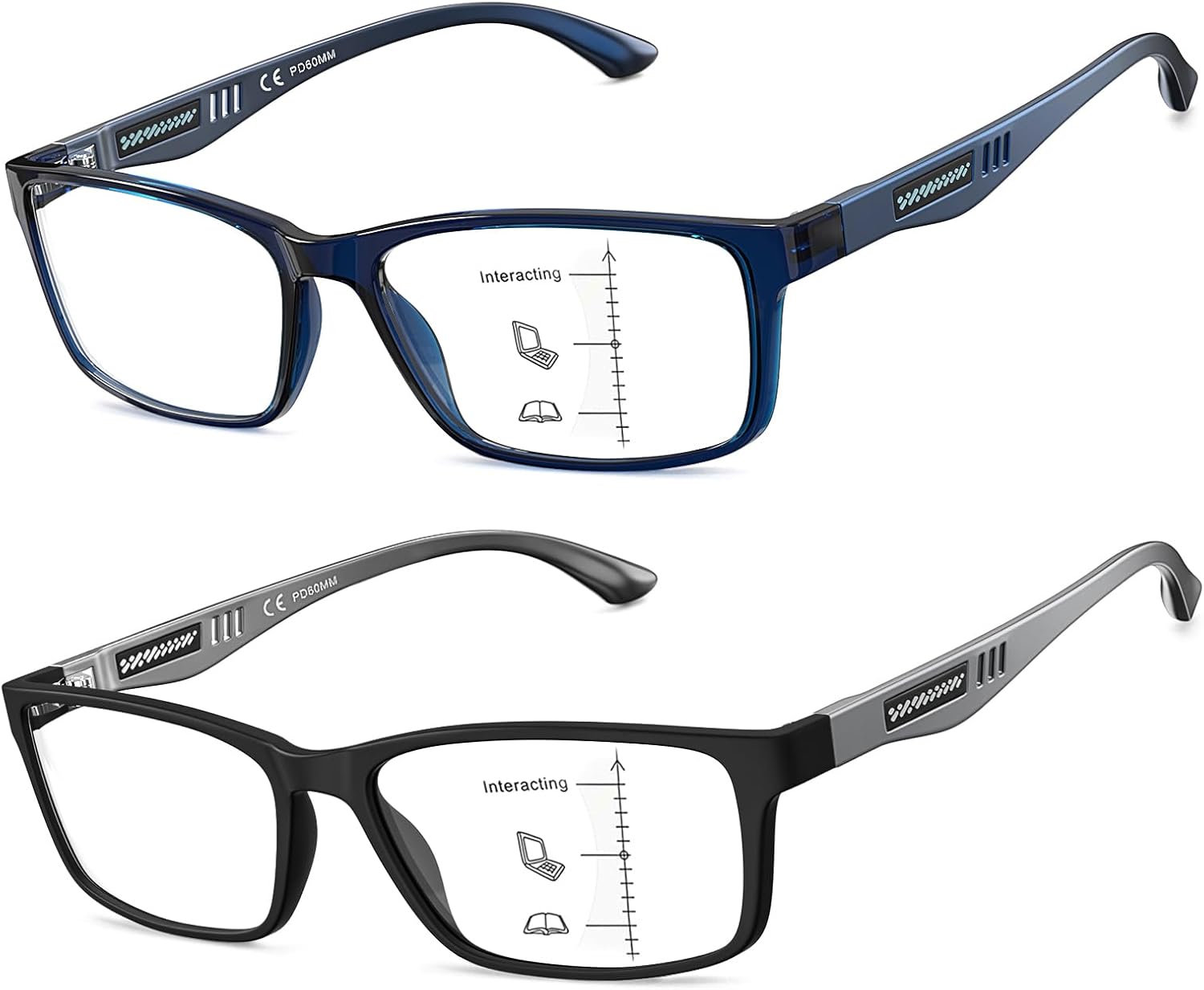 CARA Extremely Lightweight Progressive Multifocus Reading Glasses for Men No-Line Blue Light Blocking Computer Readers