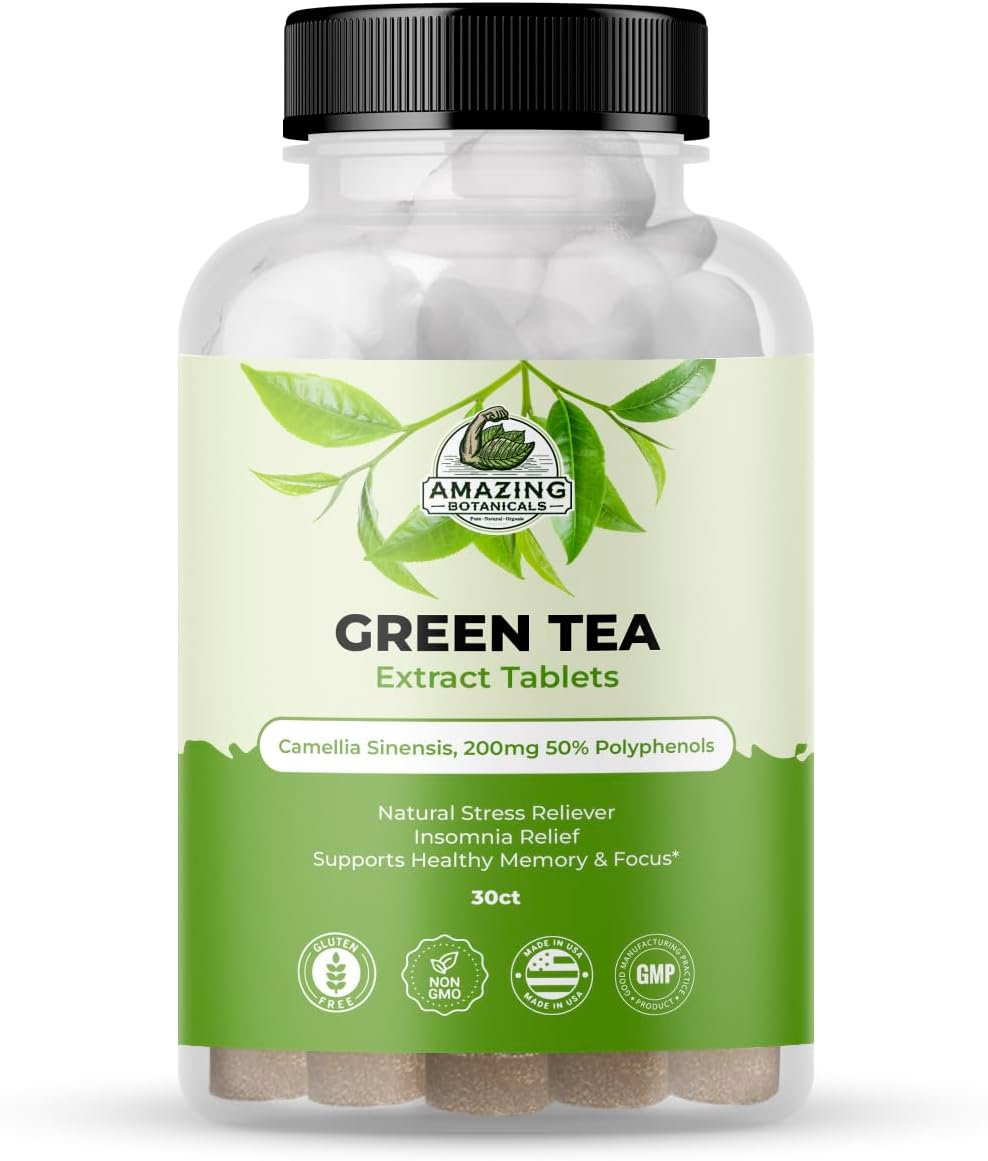 Amazing Botanicals Green Tea Extract Tablets - Camellia Sinensis, 200mg 50% Polyphenols | Daily Wellness Supplement | Non-GMO, Gluten Free - 30 Count