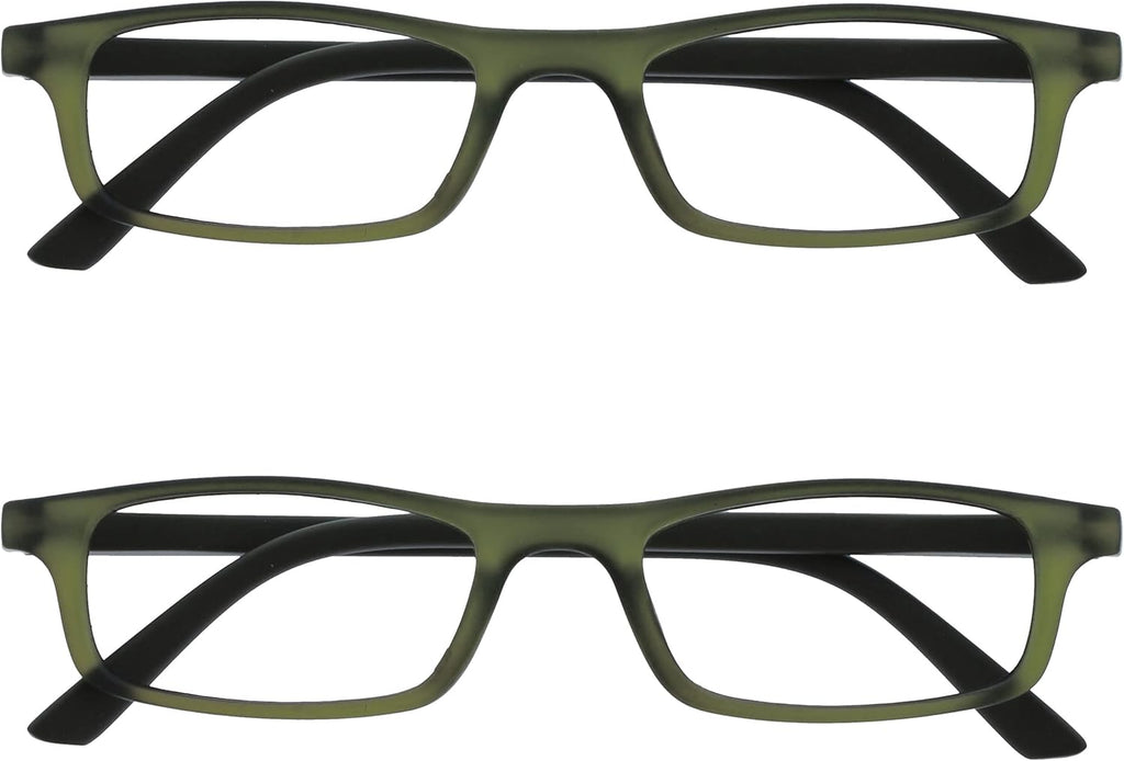 OPULIZE TED Reading Glasses for Women Men, Lightweight Narrow Rectangular Matt Frame with Spring Hinges, Transparent Khaki Green +2.00 (Pack of 2)
