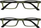 OPULIZE TED Reading Glasses for Women Men, Lightweight Narrow Rectangular Matt Frame with Spring Hinges, Transparent Khaki Green +2.00 (Pack of 2)