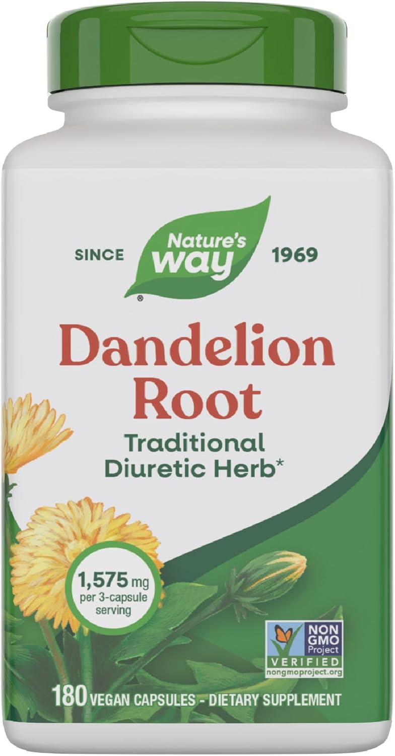 Nature's Way Dandelion Root, Traditional Diuretic Herb*, Traditionally Used to Soothe Digestive Upset*, Vegan, 180 Capsules (Packaging May Vary)