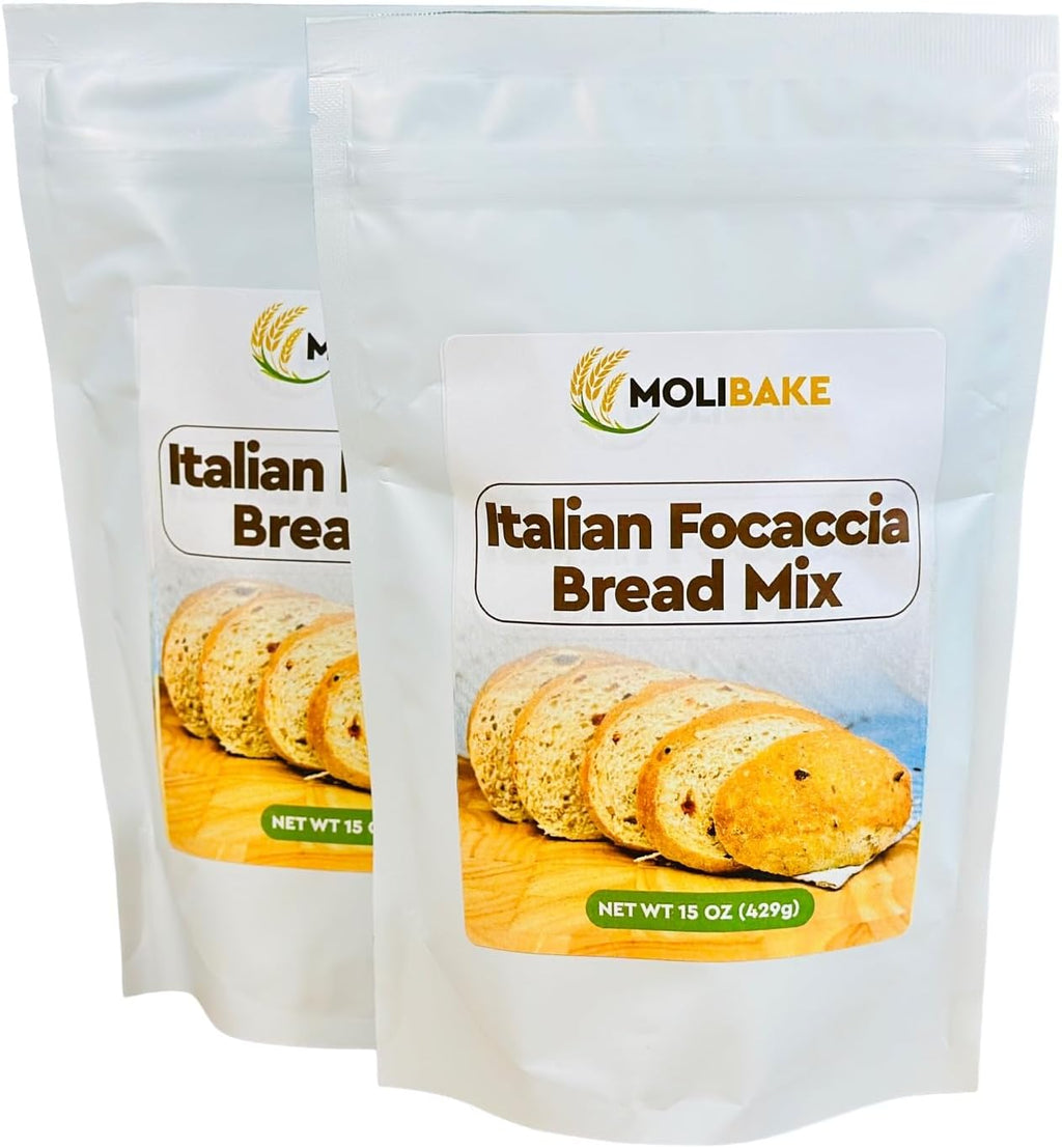 Molibake Italian Focaccia Bread Mix – Pack of 2 – Premium Artisan Italian Bread Mix for Bread Machine and Oven – 15 oz – All-Natural Gourmet Mediterranean Blend with Bell Pepper, Tomato, Onion, Garlic & Herbs – Easy Homemade Baking