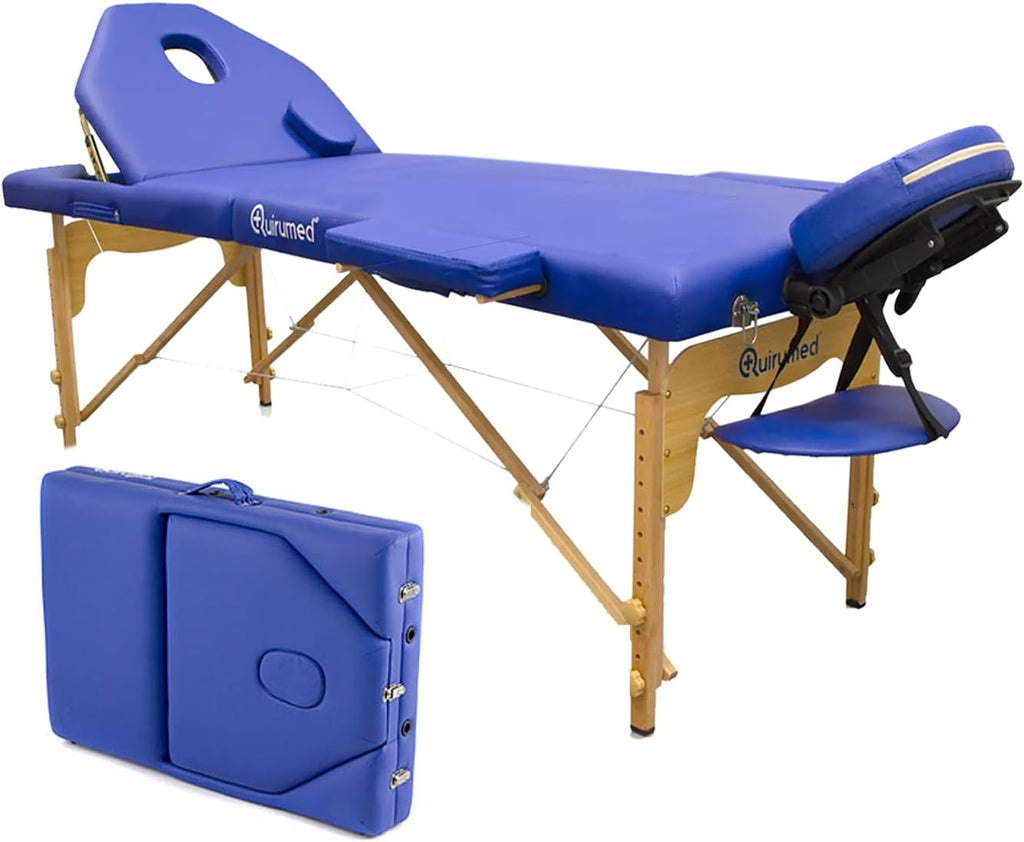 Elite Folding Wooden Massage Table, Blue, 194 x 70 cm, Leatherette, Portable, Folding Backrest, Removable Head, Face Hole, Adjustable Height, Up to 150 kg
