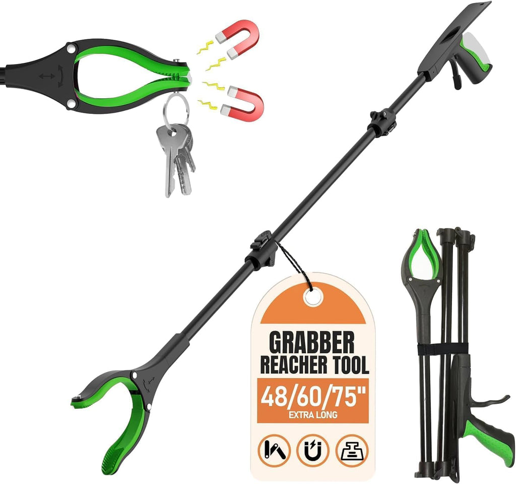 Extra Long Grabber Reacher Tool, 75" Aluminum Foldable Reacher Grabber, Dual Magnetic Tip Pickup Grabber Trash Picker, Strong Grip Aid for Upper Shelves, Elderly, Surgery Recovery Must Have