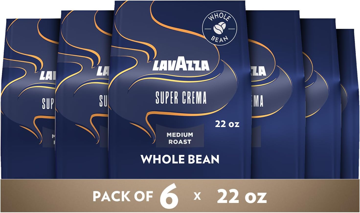 Lavazza Super Crema Whole Bean Coffee, Medium Espresso Roast, Arabica and Robusta Blend, 22 oz Bag (Pack of 6)