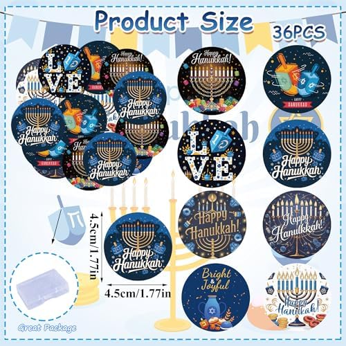 36PCS Edible Happy Hanukkah Cupcake Toppers Wafer Paper Candlestick Hexagram Chanukah Cake Decorations Jewish Cupcake Picks for Chanukkah Theme Party Birthday Decor Supplies (Pattern 2)