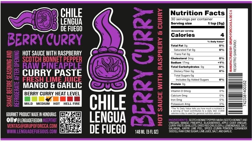 Chile Lengua de Fuego Berry Curry Hot Sauce - 1 Bottle - Scotch Bonnet, Mango, Blackberry & Curry Paste - Fruity, Spicy, Savory Blend - Artisan Honduran Sauce - All-Natural, Small Batch