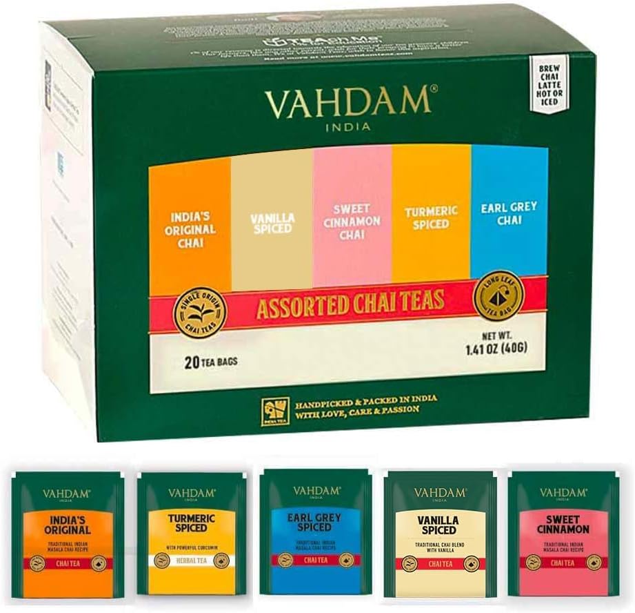 VAHDAM, Assorted Chai Tea Bags Sampler (5 Flavors, 20 Ecofriendly Pyramid Tea bags) I Gift Ideas for Women & Men | Masala Chai Tea Varieties from India | Gluten Free & Non GMO | Gifts for Him/Her