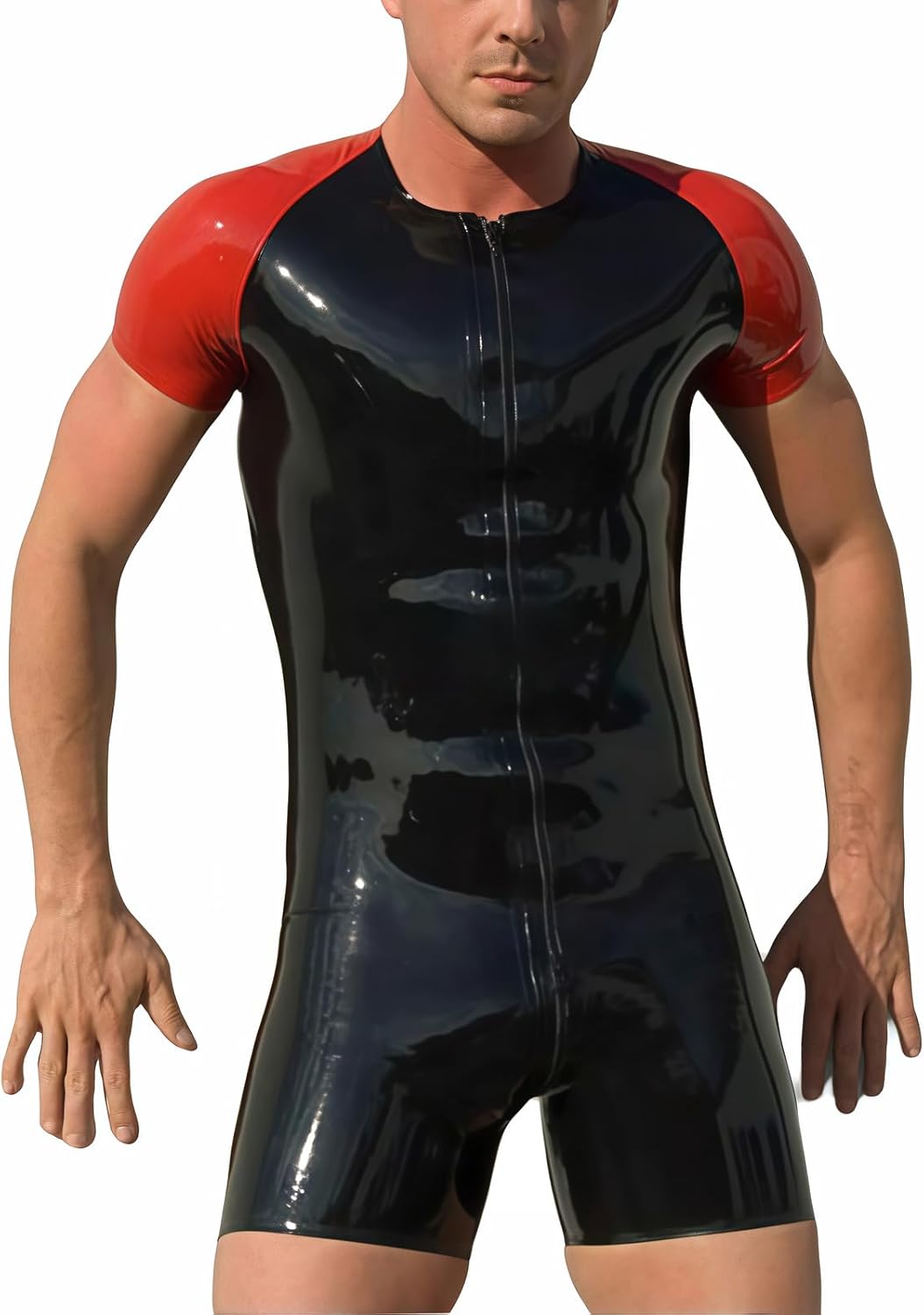 100% Latex Fitness Catsuit for Mens Sports Zipper One Piece Swimsuit Jumpsuit
