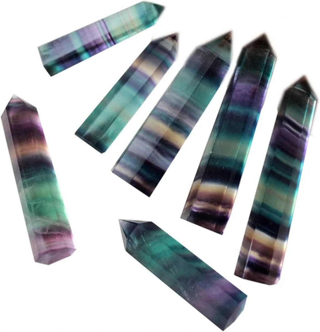 7PCS Rainbow Fluorite Quartz Crystal Wand Healing Crystal Tower Quartz Crystals Stones Points Gemstone Wand Set for Healing Reiki Chakra Meditation Therapy,90-100mm