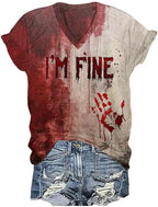 Halloween I'm Fine Bloody Graphic Shirt for Women Funny Horror Blood Splatter T-Shirts Bloodstained Horror Costume Tees Top