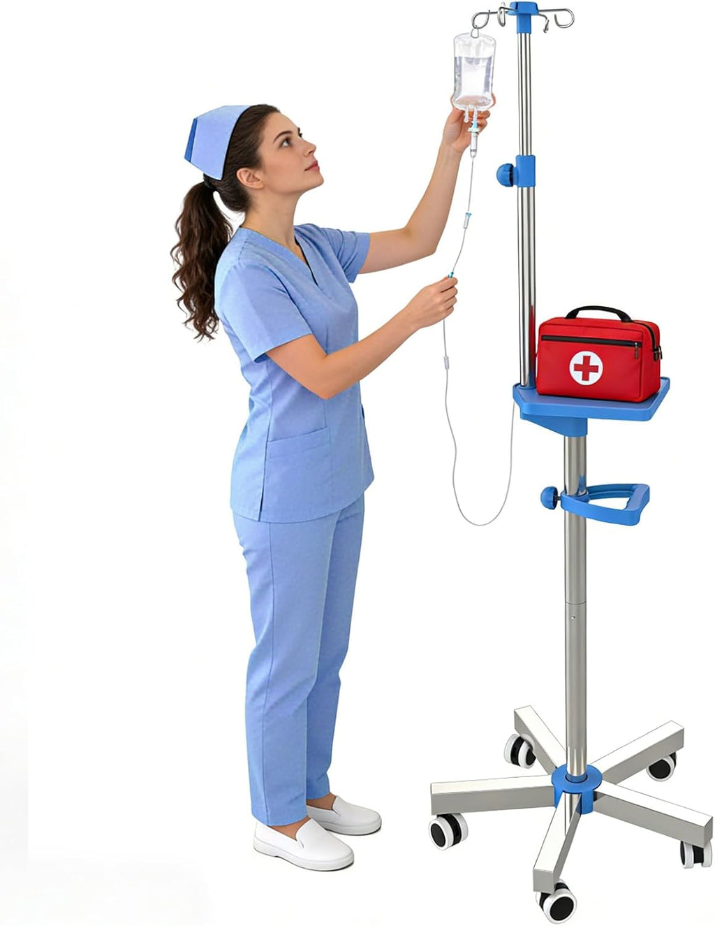 IV Pole with Wheels, Adjustable 52.3"–70.8" Stainless Steel IV Stand, 9" x 7" Tray, Height-Adjustable Handle, 4 Fluid Bags Holder, 5-Wheel Base
