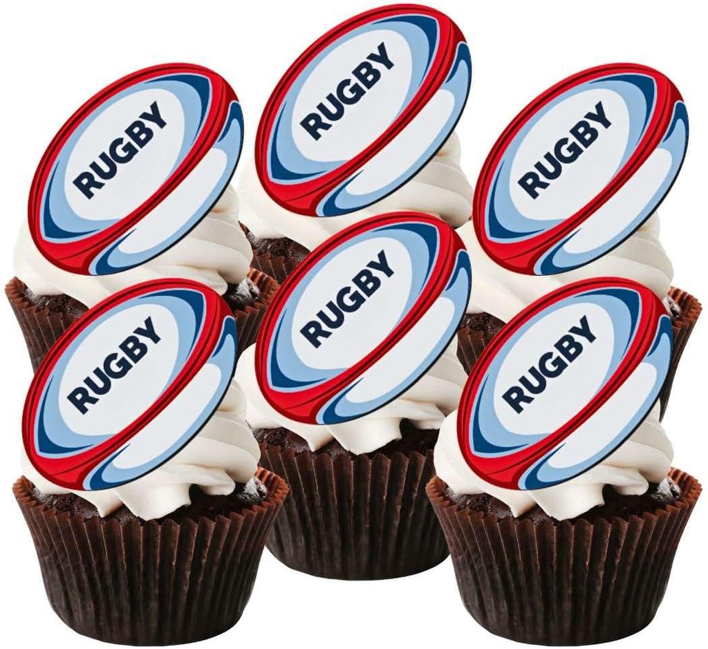 Rugby Edible Cupcake Toppers, Edible Football Cake Decorations, World Cup Rugby Party Decorations, Cake Balls for a Sport Party, Sports Cupcake Toppers, Theme 1, 5cm / 2 Inch PRECUT (Pack of 24)