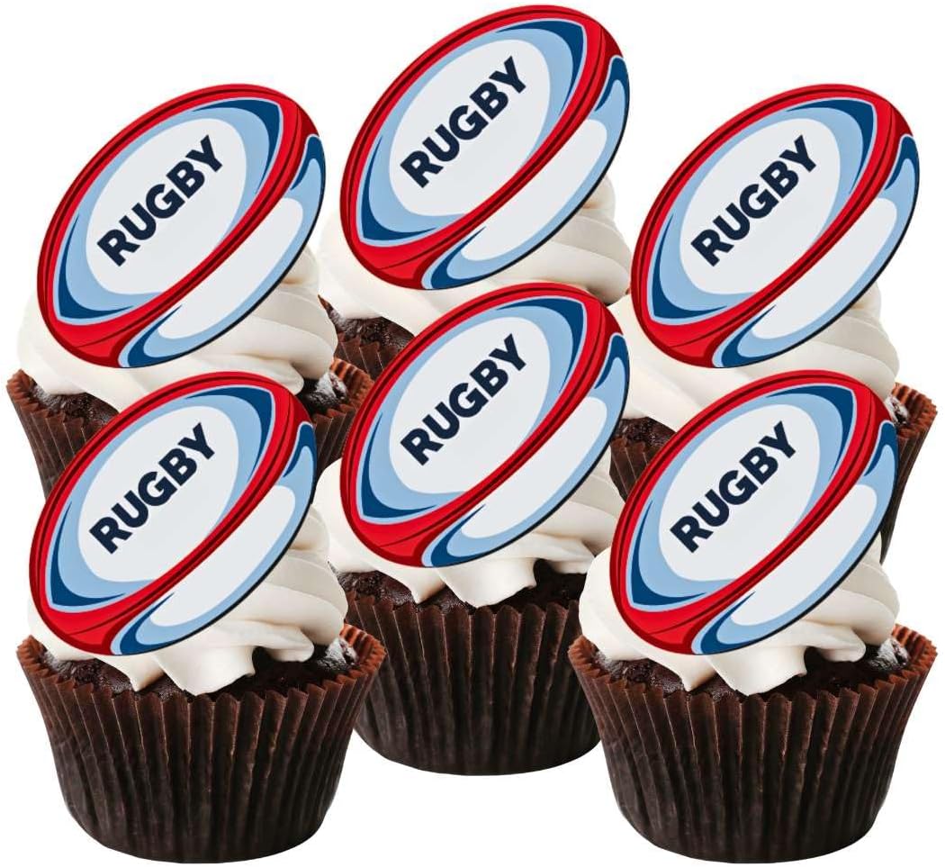 Rugby Edible Cupcake Toppers, Edible Football Cake Decorations, World Cup Rugby Party Decorations, Cake Balls for a Sport Party, Sports Cupcake Toppers, Theme 1, 5cm / 2 Inch PRECUT (Pack of 12)
