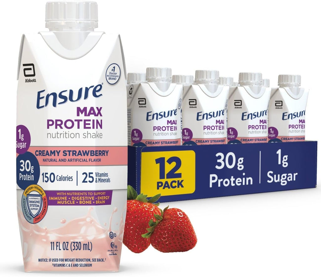 Ensure Max Protein Shake | Creamy Strawberry | Ready to Drink | 30g Protein for Muscle Health | 1g Sugar, 4g Fiber | 11 fl oz Bottle, 12 Pack