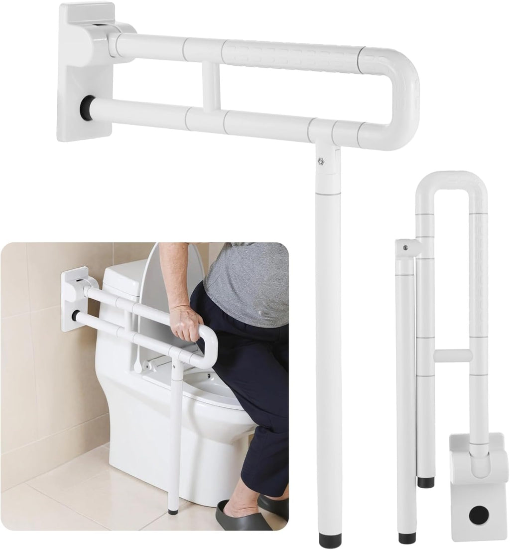 Toilet Safety Rail – Non-Slip Bathroom Grab Bar for Elderly, Disabled & Seniors – Stainless Steel Support Handrail with Non-Slip Grip & Support Leg（White）