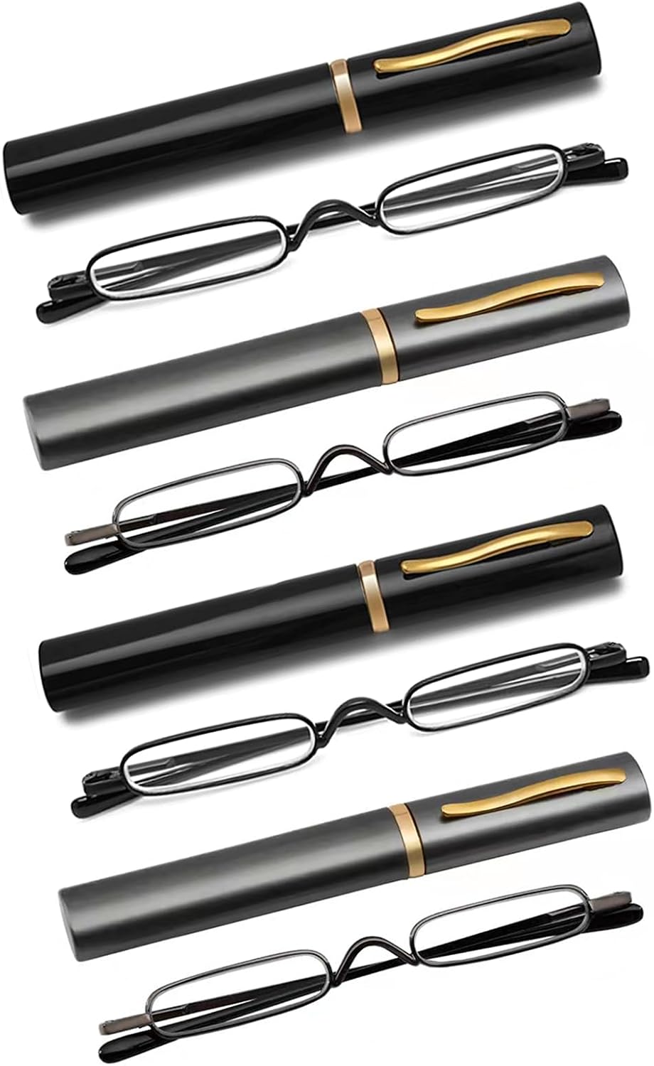 4 Pack Mini Slim Pen Reading Glasses - Compact Readers with Pen Clip Case Spring Hinge Metal Frame Eyeglasses (Two Black, Two Gunmetal, +2.50)