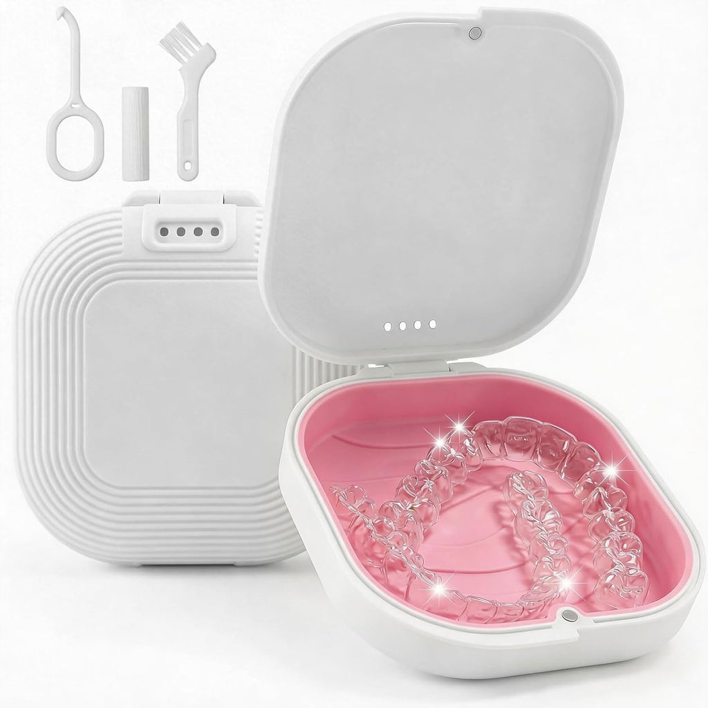 Retainer Case with Vent Holes, Aligner Case for Invisalign, Portable Aligner Kit, Removable Silicone Liner, Orthodontic Storage Box Secure Magnetic Closure for Travel - White/Pink
