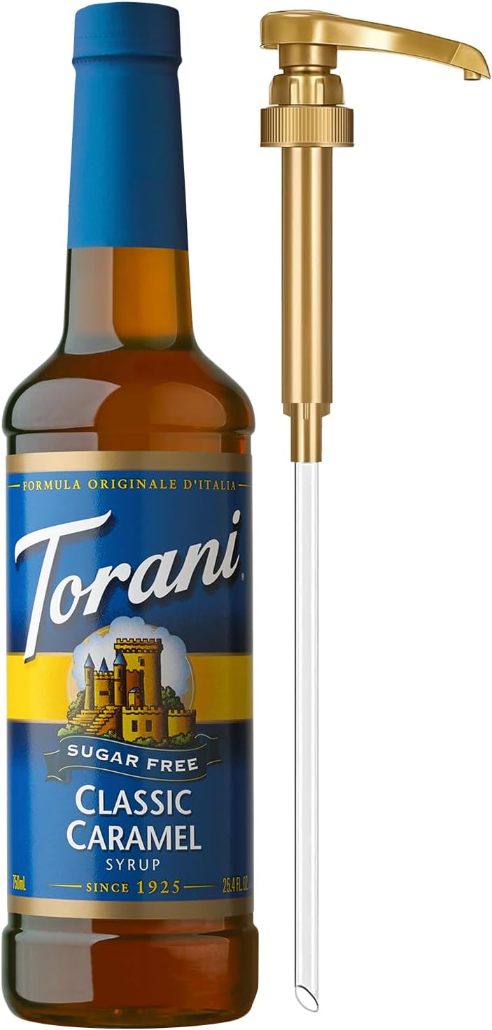 Torani Sugar Free Coffee Syrup, Classic Caramel Flavoring for Drinks, Zero Calorie, Pump Included, 25.4 Fl Oz
