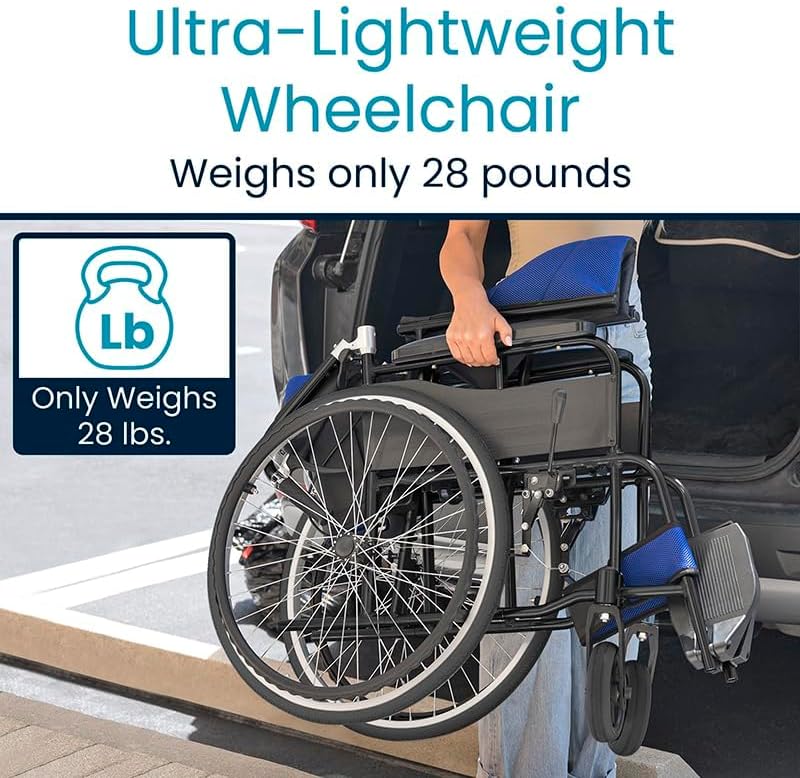 Vive Ultra Lightweight Wheelchair for Adults - Foldable & Collapsible Wheel Chair w/Adjustable Leg Rest & Footrest for Seniors ‌