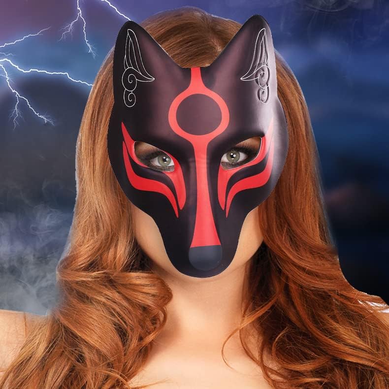 Utavu Fox Mask Japanese Kabuki Kitsune Mask for Men Women Halloween Full Face Mask Masquerade Costume Prop Animal Cosplay Party
