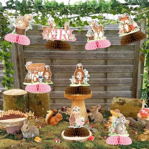 8 Pieces Woodland Animals Baby Shower Honeycomb Centerpieces for Girls, Pink Floral Woodland Table Decorations, Forest Animal Theme Party Supplies