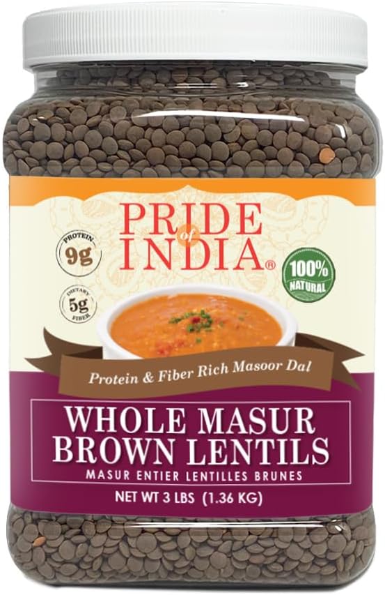 Pride Of India - Indian Whole Brown Crimson Masur Lentils - Protein & Fiber Rich Masoor Whole, 3.0 Pound Jar
