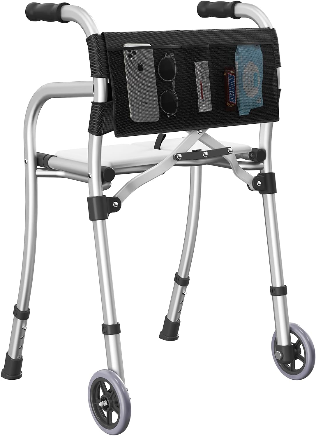 Narrow Walkers for Seniors, Folding Standard Walker with Seat, Lightweight Aluminum Mobility Rolling Walker for Seniors and Adults, Compact Travel Walker Height Adjustable, Supports 350 lbs，Only 8LBS