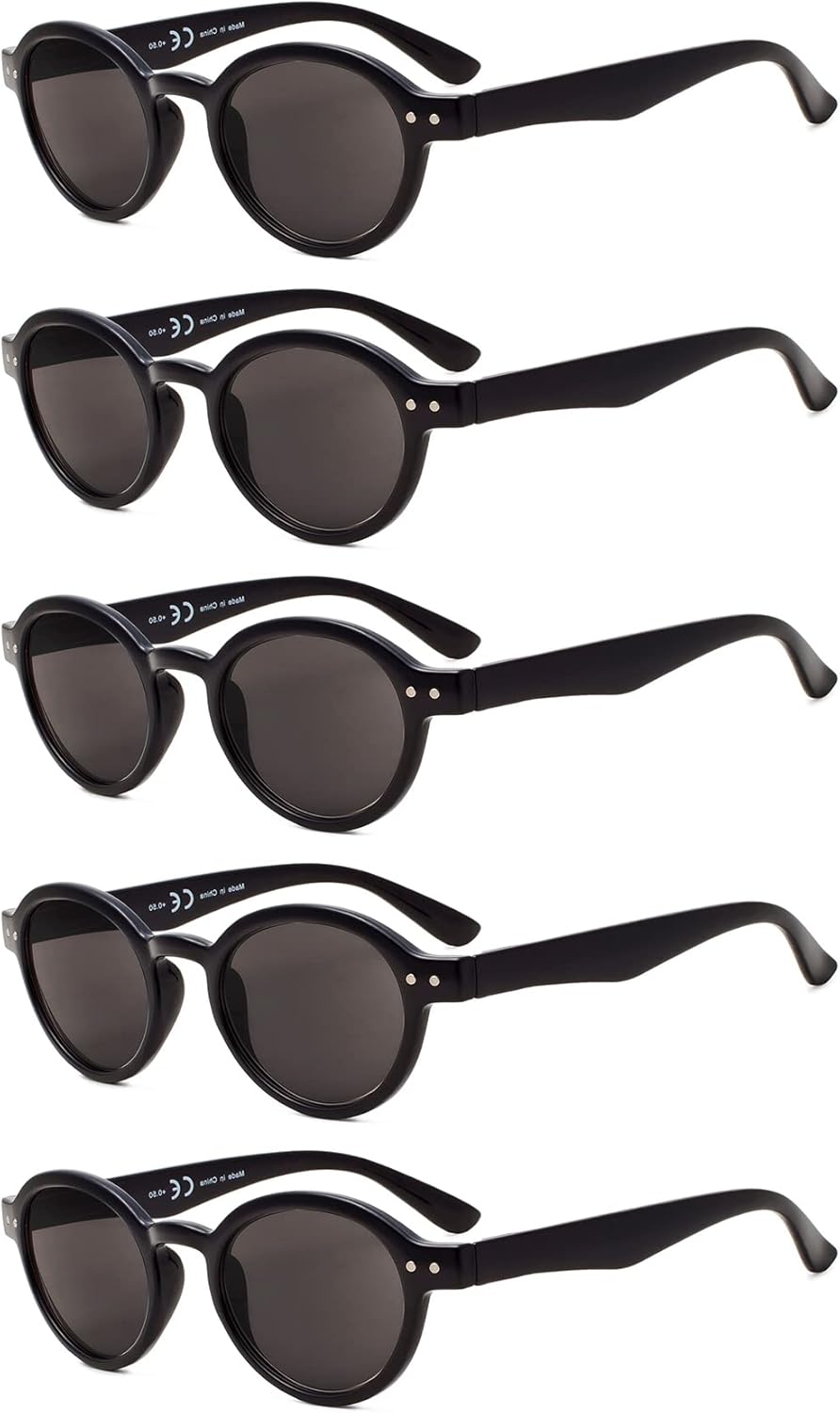 Eyekepper 5-Pack Spring Hinges Round Retro Reading Glasses Sunshine Readers Grey Lens +3.0