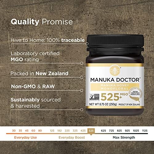 Manuka Doctor - MGO 525+ Manuka Honey Monofloral, 100% Pure New Zealand Honey. Certified. Guaranteed. Raw. Non-GMO (8.75 oz)