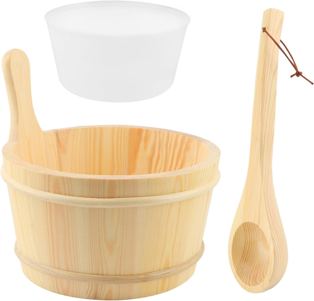 Sauna Bucket and Ladle Set - Wooden Bucket and Ladle, 1 Gallon (4 Liters) Water Capacity, Sauna Accessories Kit
