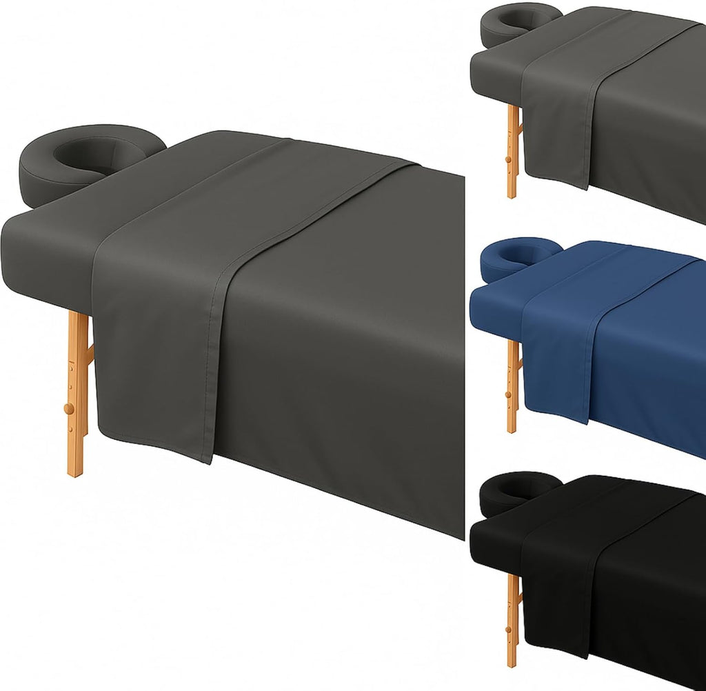 Kinlop 3 Sets Microfiber Massage Table Sheet Set 3 Colors 3 Piece Set Includes Massage Flat Sheet Fitted Sheet and Massage Face Rest Cover Stain Wrinkle-Resistant(Black, Dark Gray, Navy)
