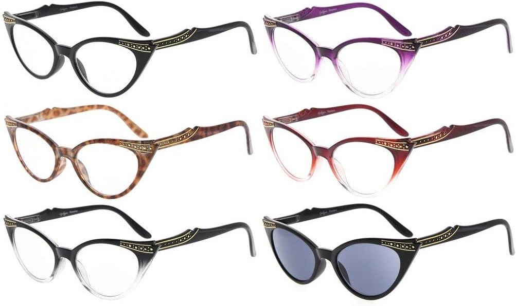 Eyekepper 6-Pack Womens Cat Eye Reading Glasses Include Sunshine Readers (One for Each Color)
