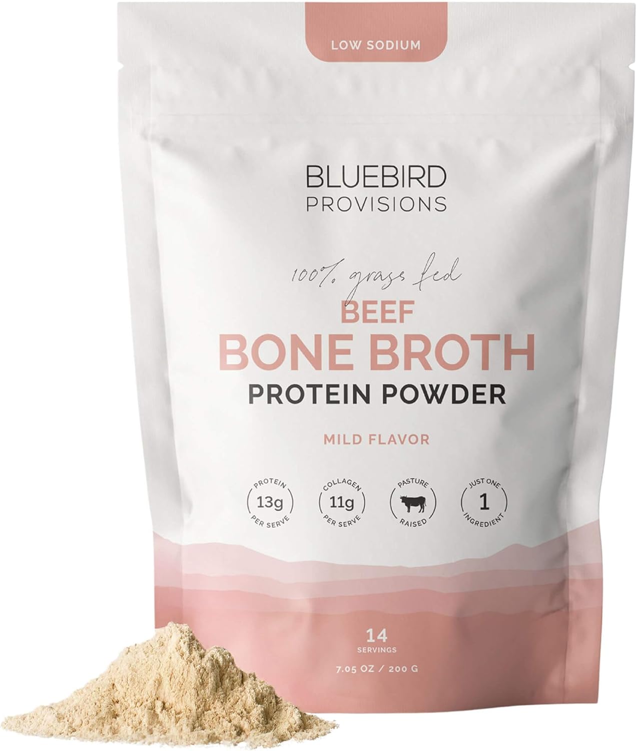 BLUEBIRD PROVISIONS Beef Bone Broth Protein Powder - Grass Fed Beef Powder - Collagen Rich for Humans - Pasture Raised Carnivore Protein Powder - Low Sodium Bone Broth