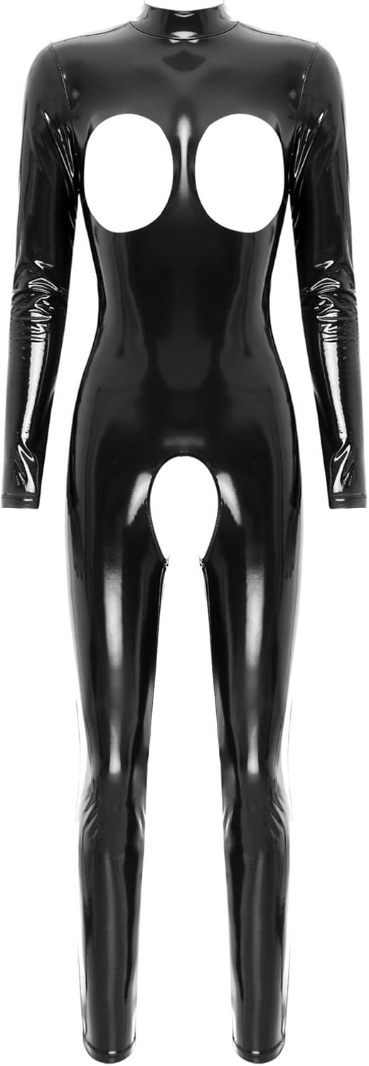 easyforever Women Sexy Hollow Out Bodysuit Lingerie Clubwear Patent Leather Invisible Zipper Latex Catsuit