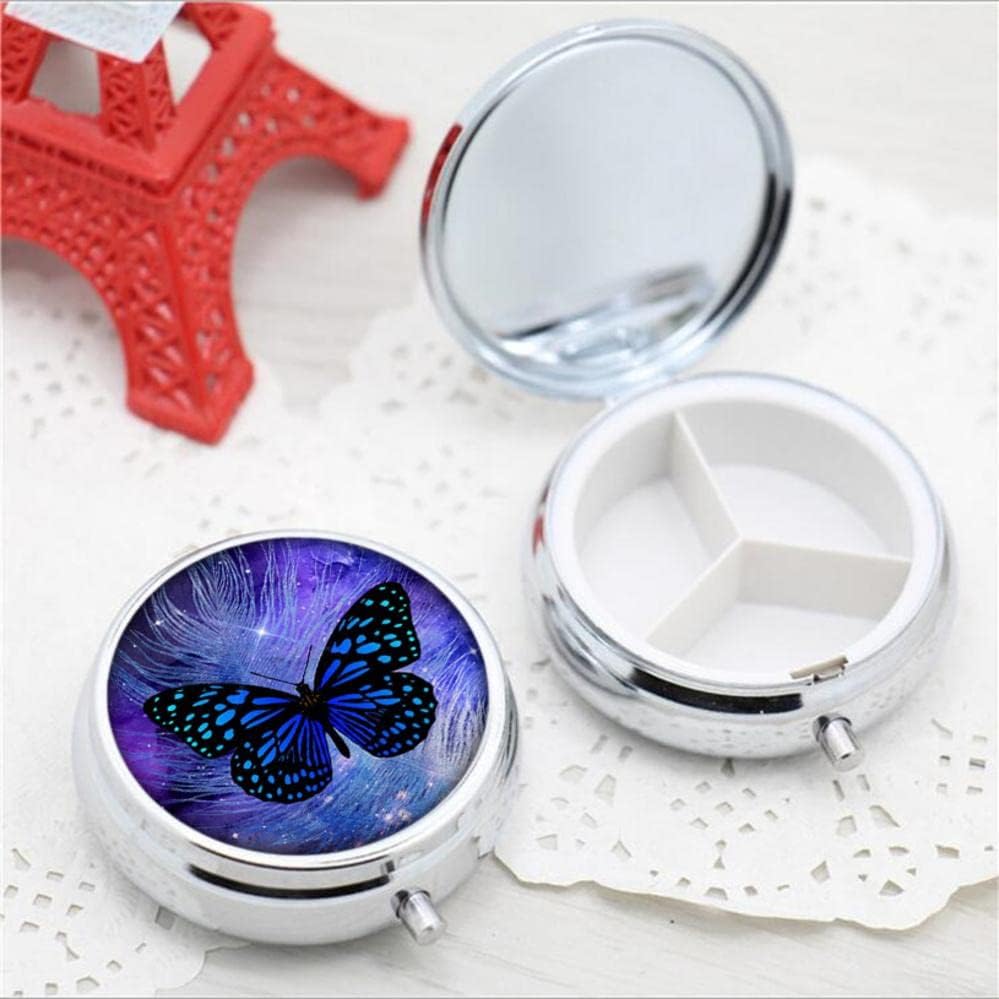 Pill Box,Butterfly Purple Galaxy Feather Round Pill Box 3 Compartment Decorative Pocket Purse Portable Mini Travel Medicine Tablet Vitamin Holder Organizer Pill Case