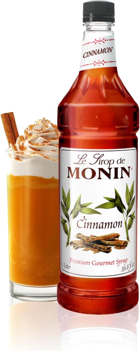 Monin - Cinnamon Syrup, Sweet and Spicy Taste of Cinnamon, Versatile Flavor, Natural Flavors, Great for Coffees, Cocoas, Ciders, and Cocktails, Non-GMO, Gluten-Free (1 Liter)