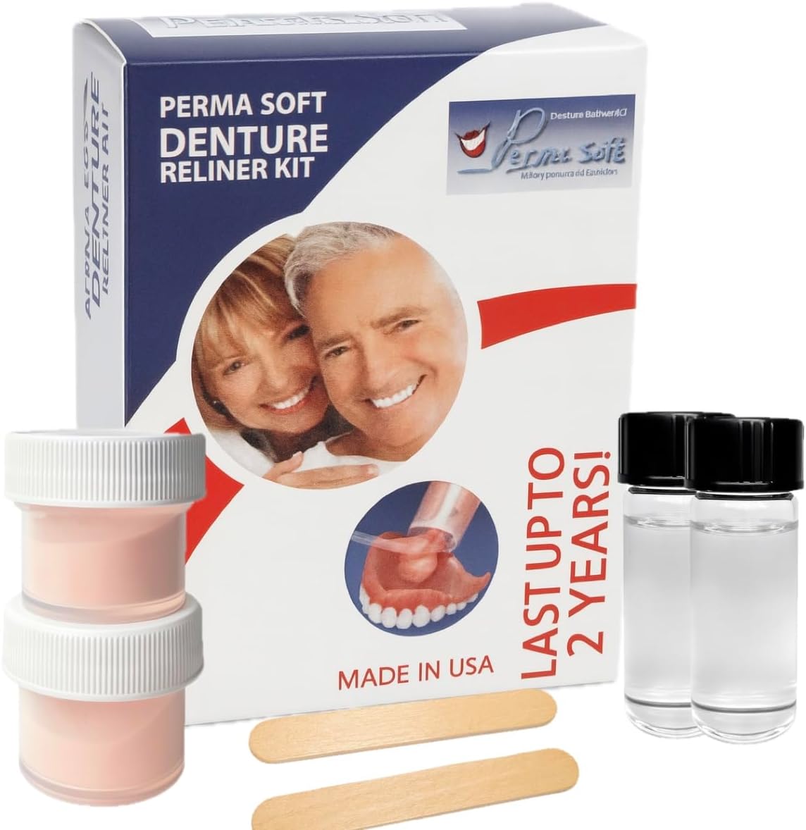Perma Soft Denture Reliner Kit - Relines 2 Denture Plates - Semi Soft DIY Denture Liner for Upper and Lower