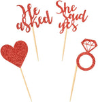 24 Pieces Red Glitter Engagement Cupcake Toppers He Asked She Said Yes Diamond Ring Heart Cupcake Picks for Wedding Bridal Shower Party Cake Decorations