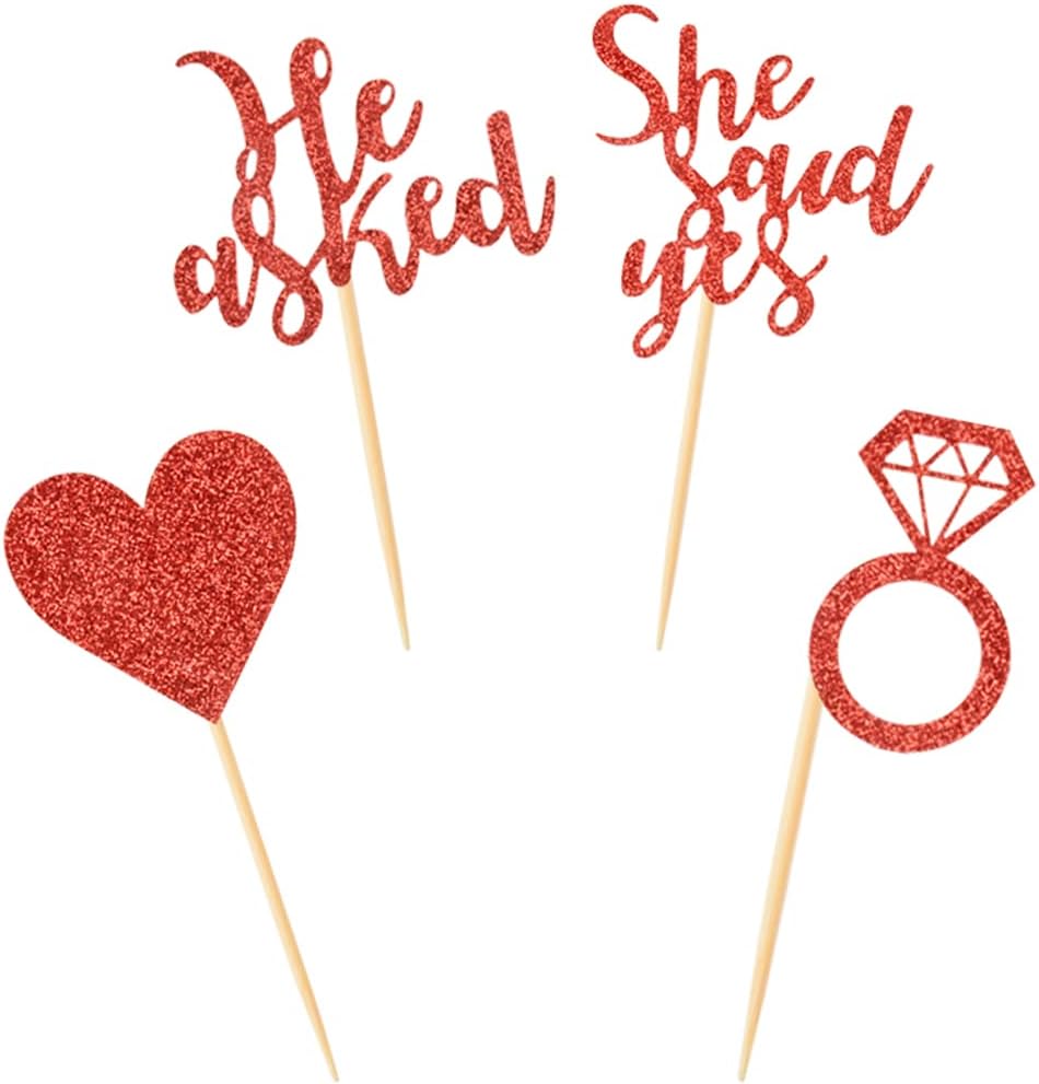 24 Pieces Red Glitter Engagement Cupcake Toppers He Asked She Said Yes Diamond Ring Heart Cupcake Picks for Wedding Bridal Shower Party Cake Decorations