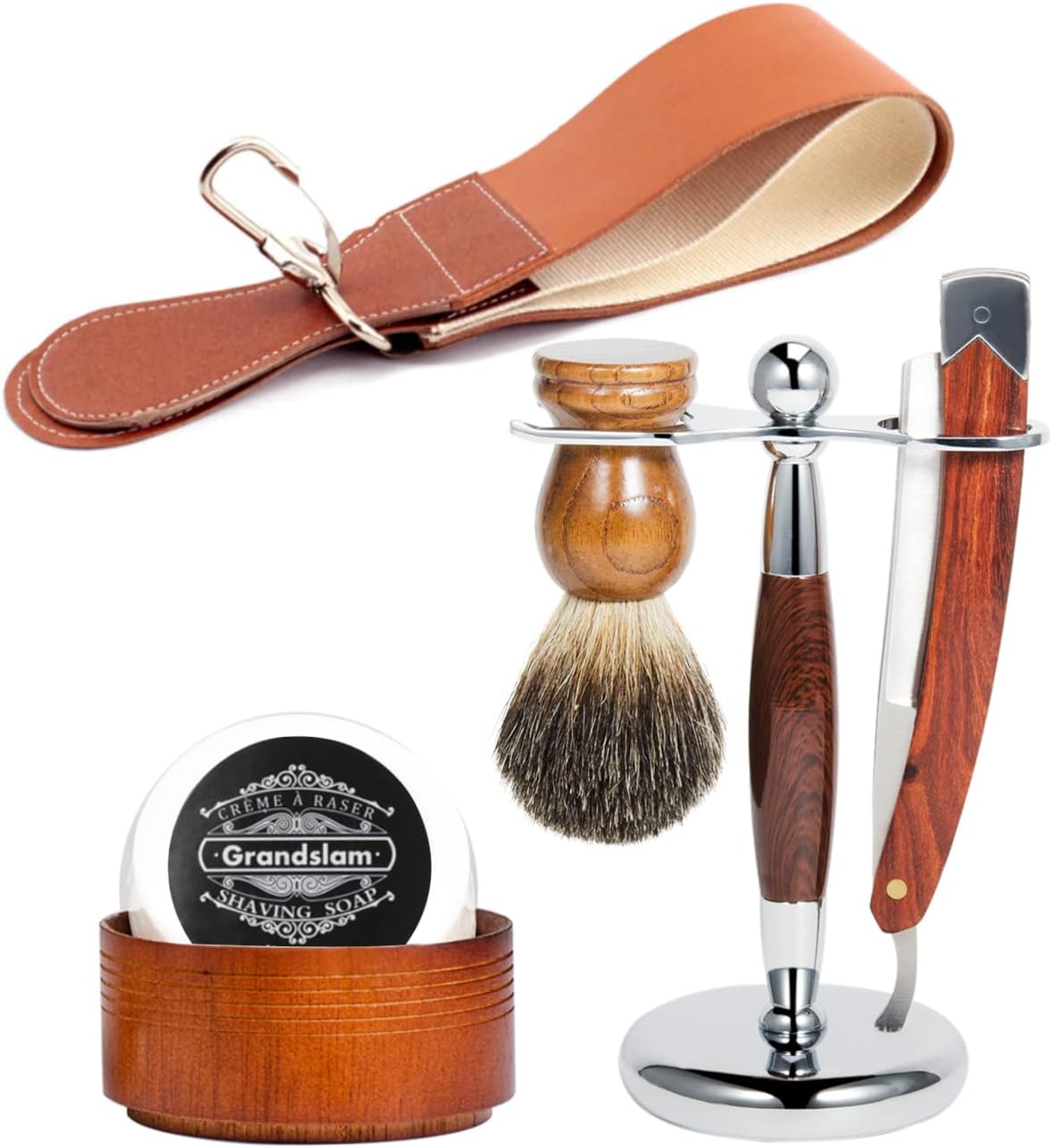 Men Straight Shaving Razor Badger Hair Brush Stand Holder Leather Strop Soap Bowl