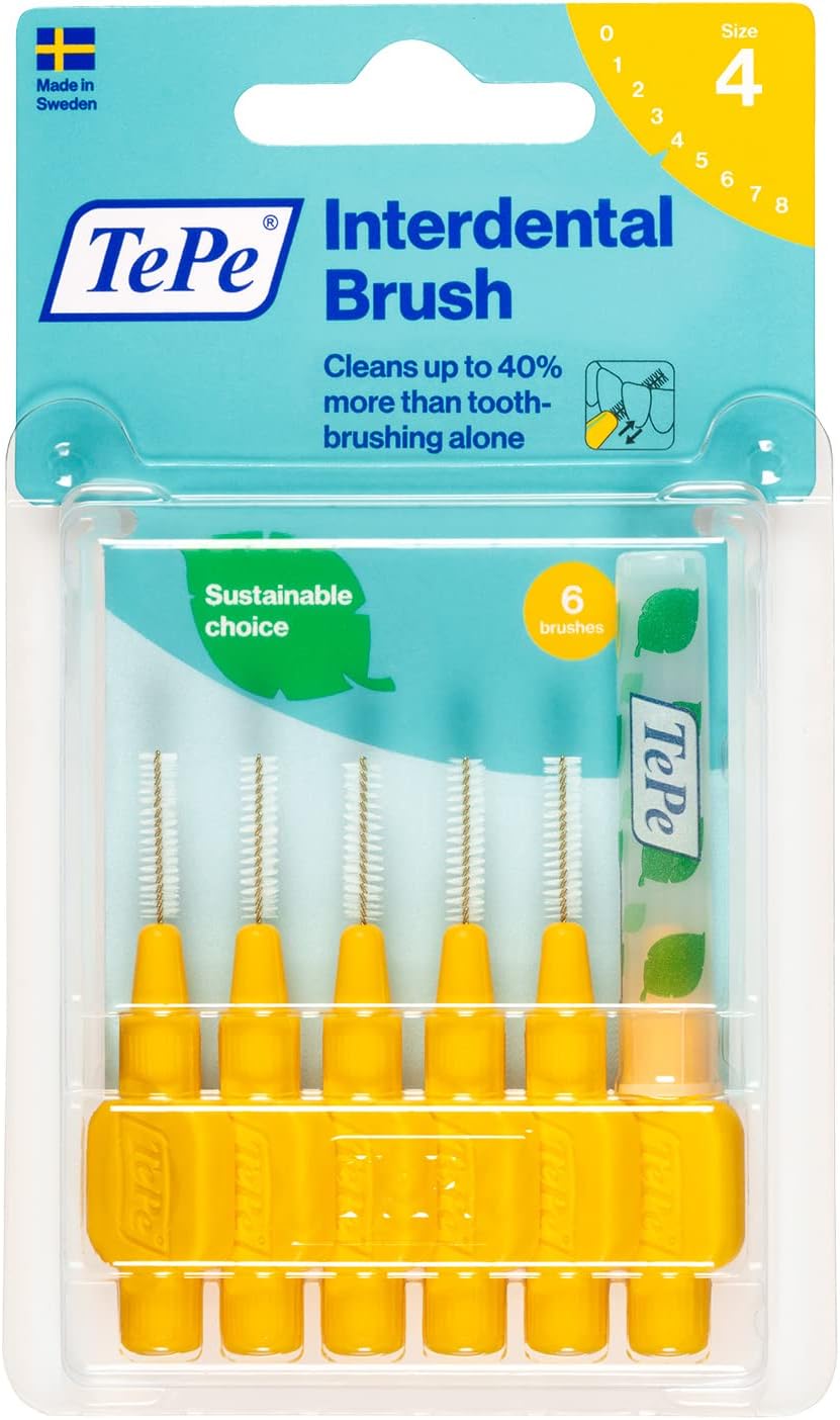 TePe Interdental Brush Original, Soft Dental Brush for Teeth Cleaning, Pack of 6, 0.7 mm, Medium Gaps, Yellow, Size 4