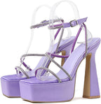 Women's Platform Chunky High Heels 15cm /6in Square Open Toe Rhinestones Ankle Strap Block Stiletto Heel Sandals