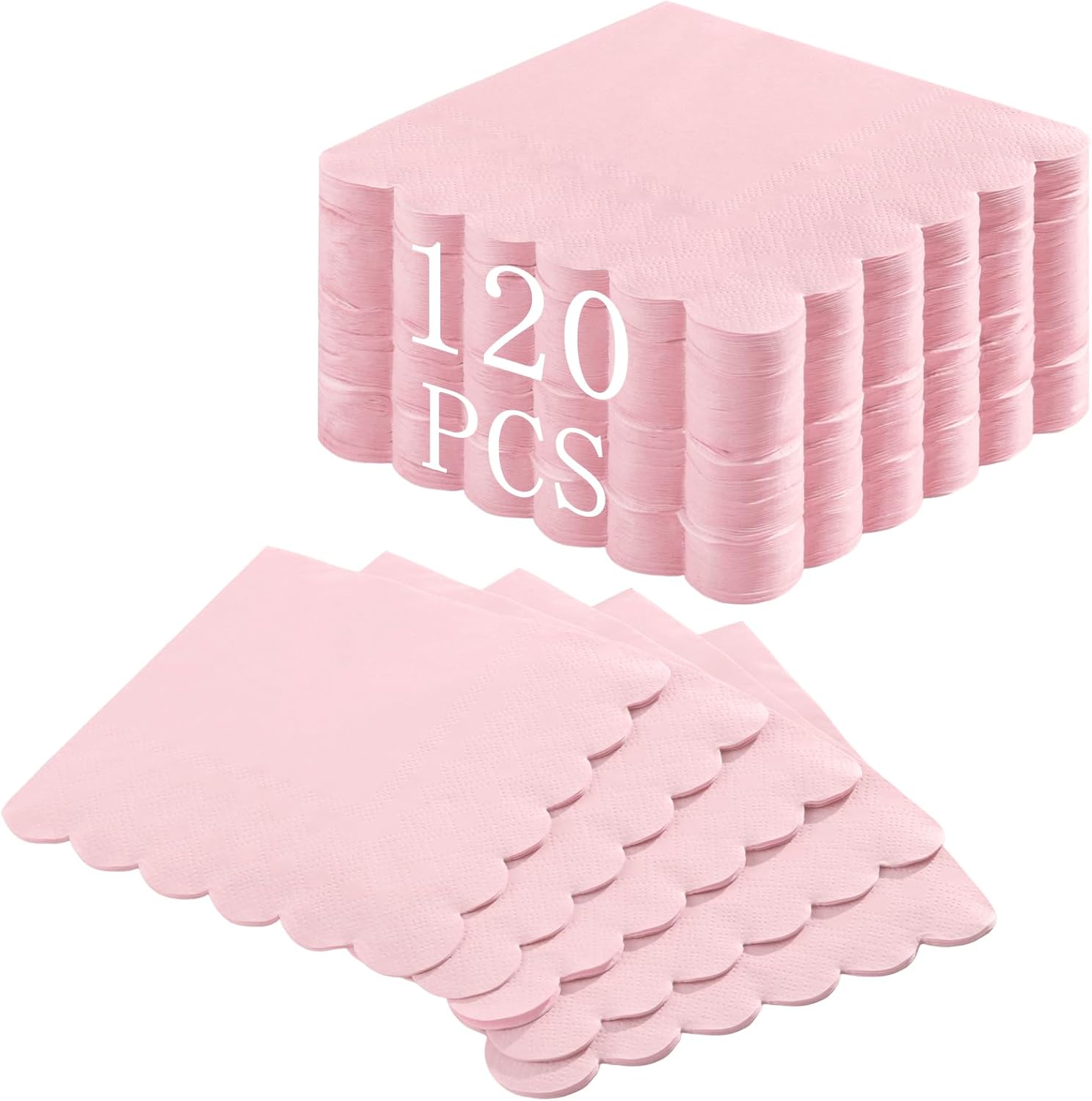NatNarr 120 Pcs Cocktail Napkins Pink Paper Napkins Light Pink Dessert Beverage Napkin Cute Scalloped Party Napkin for Baby Bridal Shower, Birthday, 5 x 5 Inch