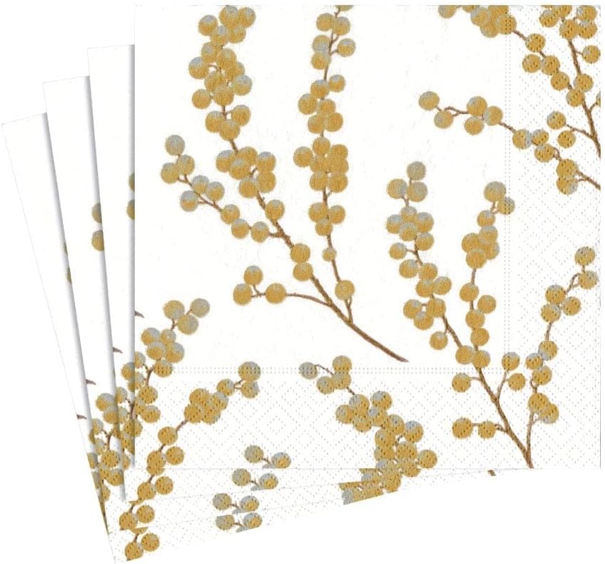 Entertaining with Caspari Berry Branches Paper Luncheon Napkin, White and Gold, Pack of 20 (5724L)